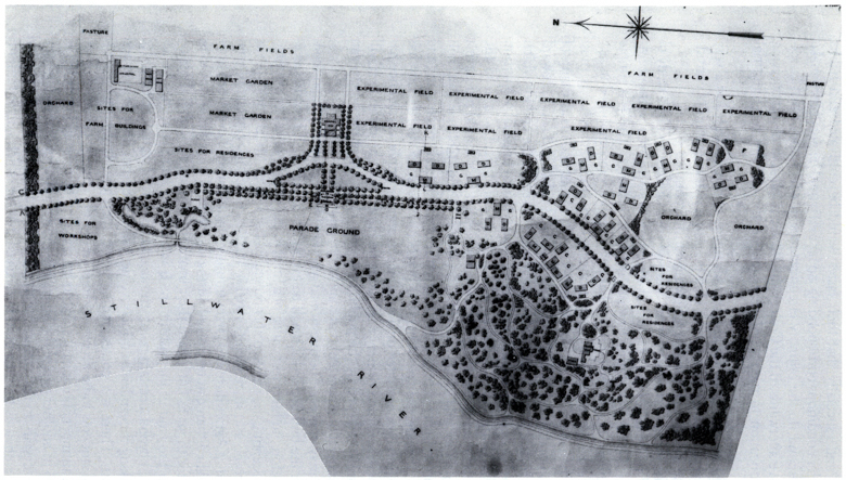  Plan for Maine College of Agriculture and the Mechanic Arts, 1867 Key for buildings and areas identified by capital letters: M: Houses to Contain each a Mess-Room, Kitchen, Commissary-Office and Stores, and Study-Room; D: Cottages to contain Parlor, Sleeping-Rooms, etc.; W: Sheds for Wood and Water-Closets; G: Sites for House-Gardens; F: This position and those marked “Sites for Residences” are intended to be reserved for such detached Houses as may be required for the Faculty, for the accommodation of persons who may be admitted to make use of the advantages of the College without joining the Regular Classes, and for any Buildings appropriate to the Situations, which may be found necessary for purposes not at present definitely anticipated.